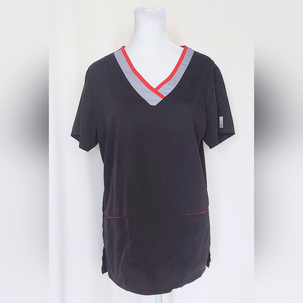 Greys Anatomy Short Sleeve Scrub Top Black Red Trim Size Medium